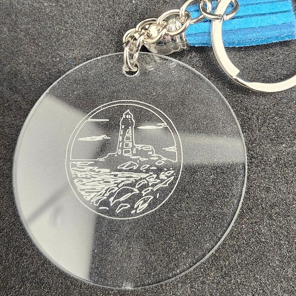 Hand Crafted Keychain Engraved Clear Acrylic Bag Charm, Zipper Pull Lighthouse
